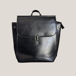 Wink Kangaroo Black Faux Leather Backpack Purse